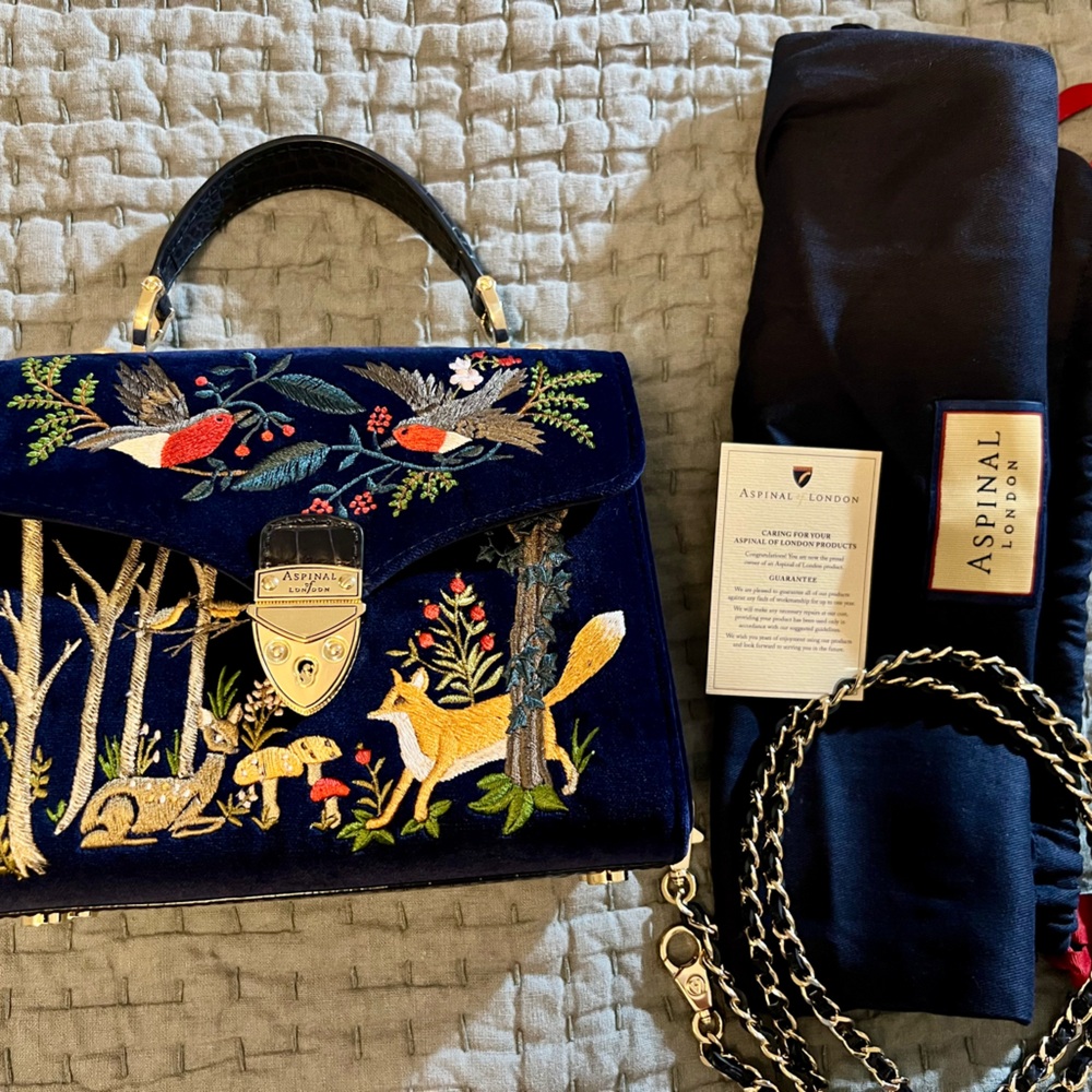 Midi Mayfair Embroidered Velvet Aspinal of London Purse Bag Blue Gold - Woodland